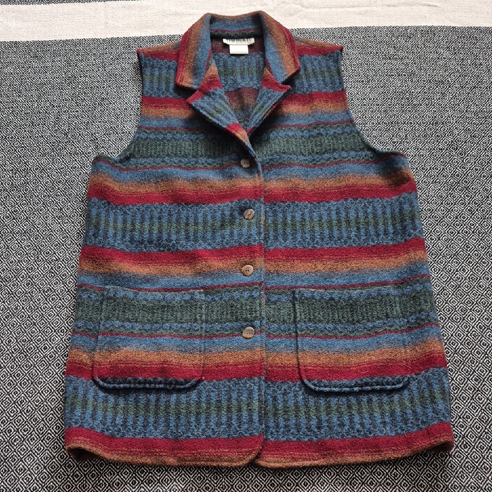 Striped Wool Blend Womens Vest in Blue, Red & Green